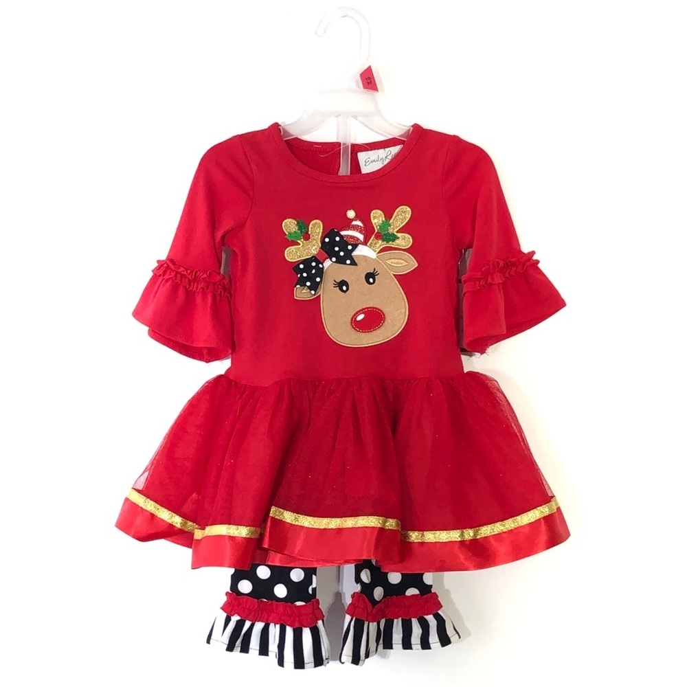 Emily Rose Red Nose Reindeer Dress + Pants Outfit‎ Set